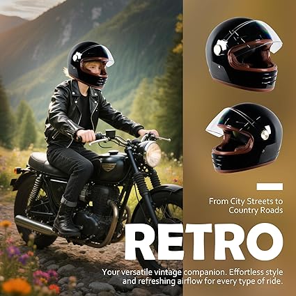 DOT Retro Vintage Full Face Motorcycle Helmet Classic Design for Men Women Lightweight Windproof Vent Cafe Racer & Cruiser Riding, Highway Commute, Touring