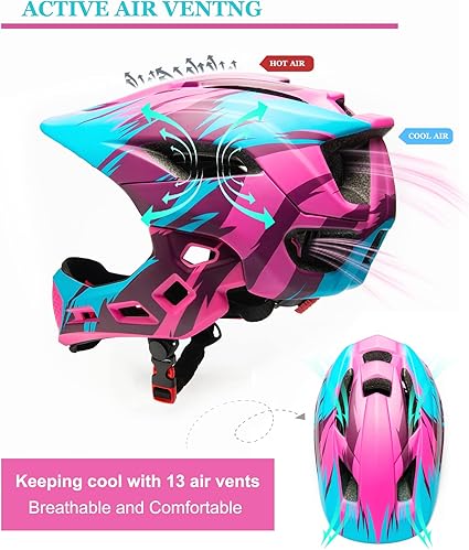 Toddler and Kids Full Face Helmet, Girl and Boy BMX Multi-Sport Detachable Mountain Dirty Bike Helmet Around 3-12 Years Head Circumference.
