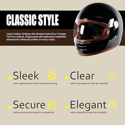 DOT Retro Vintage Full Face Motorcycle Helmet Classic Design for Men Women Lightweight Windproof Vent Cafe Racer & Cruiser Riding, Highway Commute, Touring