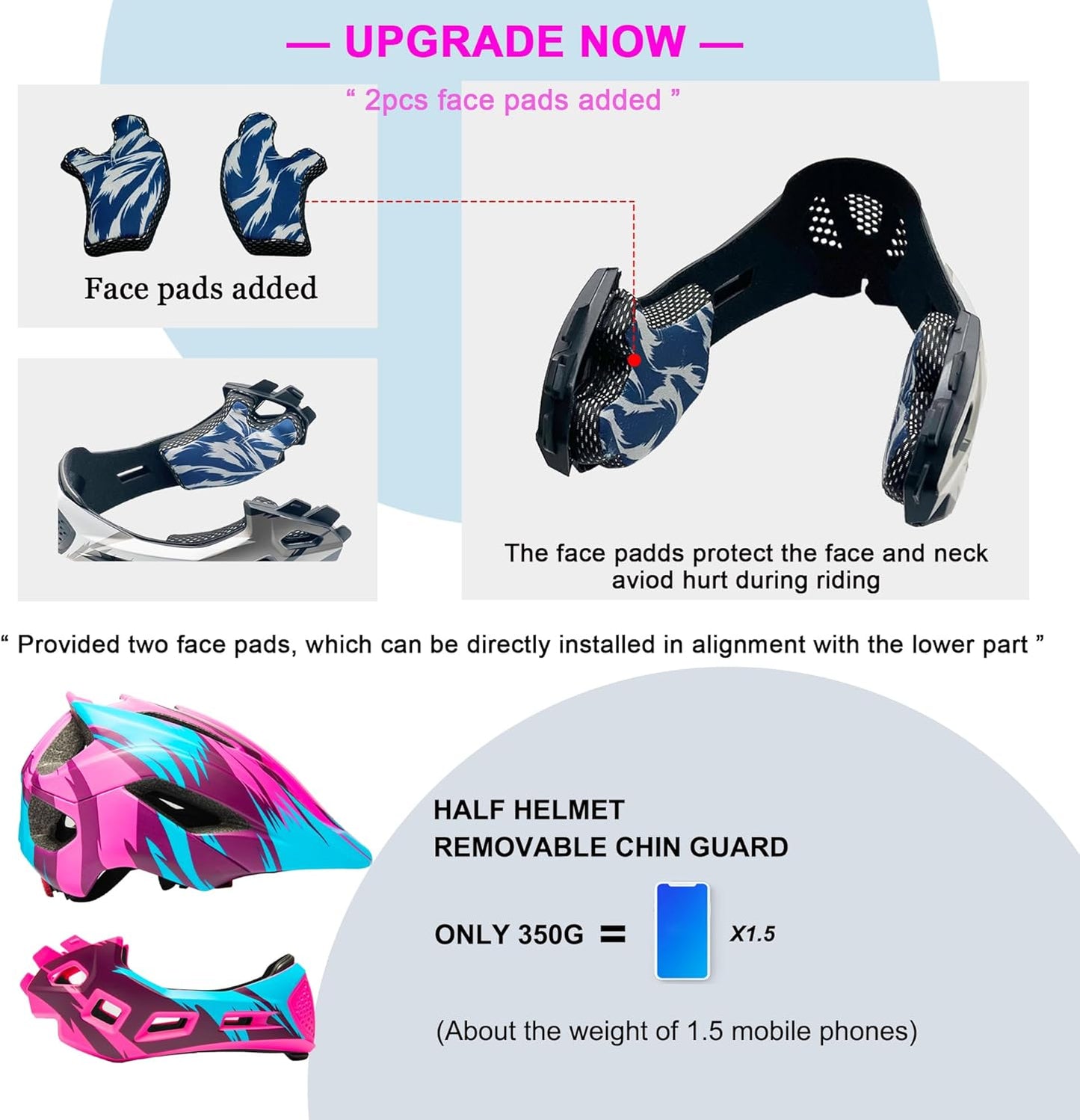 Toddler and Kids Full Face Helmet, Girl and Boy BMX Multi-Sport Detachable Mountain Dirty Bike Helmet Around 3-12 Years Head Circumference.